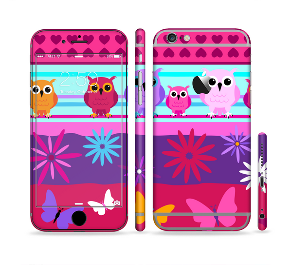 The Bright Pink Cartoon Owls with Flowers and Butterflies Sectioned Skin Series for the Apple iPhone 6