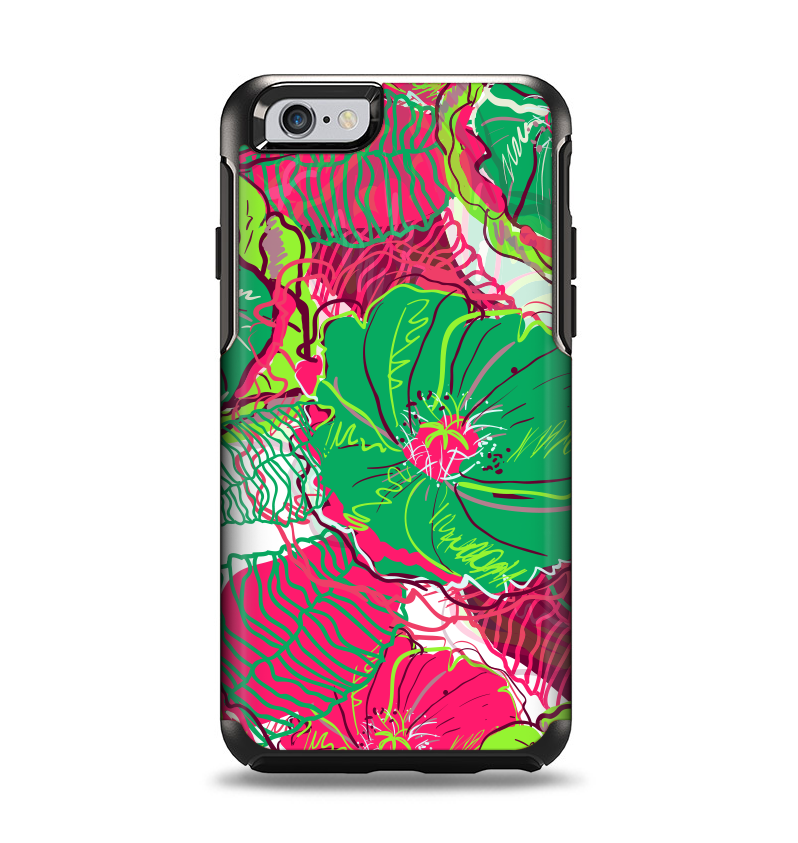 The Bright Pink and Green Flowers Apple iPhone 6 Otterbox Symmetry Case Skin Set