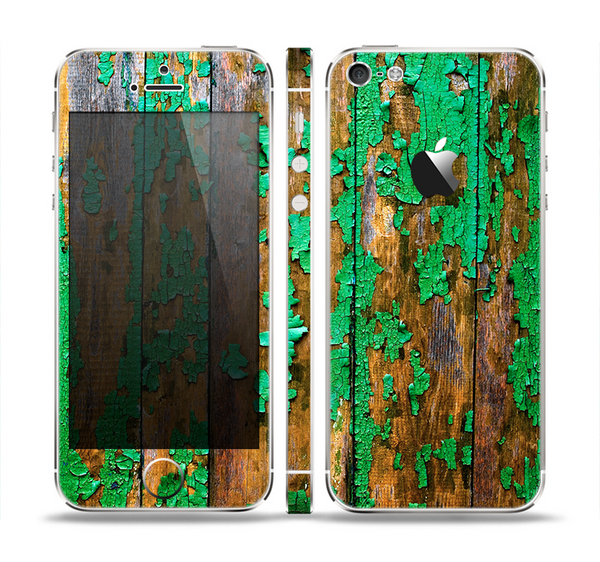 The Chipped Bright Green Wood Skin Set for the Apple iPhone 5