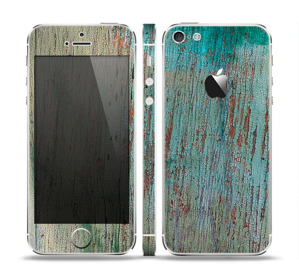 The Chipped Teal Paint on Aged Wood Skin Set for the Apple iPhone 5