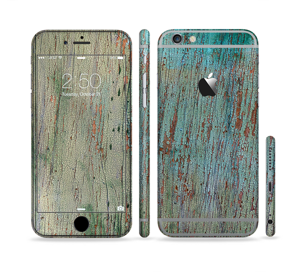 The Chipped Teal Paint on Aged Wood Sectioned Skin Series for the Apple iPhone 6 Plus
