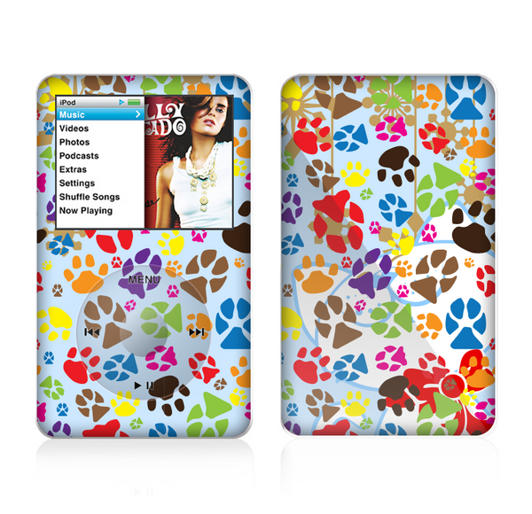 The Colorful Scattered Paw Prints Skin For The Apple iPod Classic