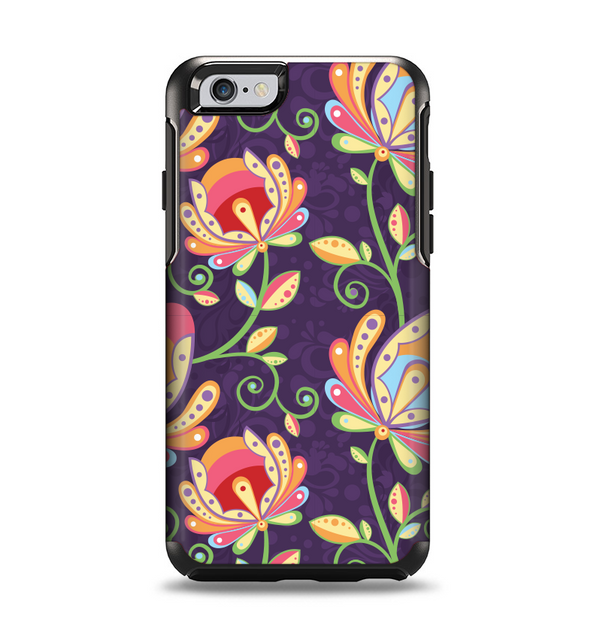 The Dark Purple & Colorful Floral Pattern Apple iPhone 6 Otterbox Symmetry Case Skin Set