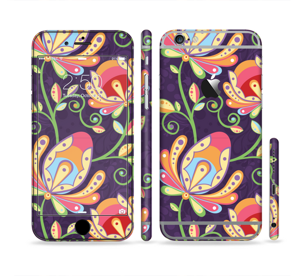 The Dark Purple & Colorful Floral Pattern Sectioned Skin Series for the Apple iPhone 6