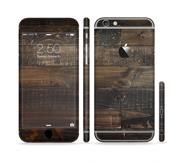 The Dark Wooden Worn Planks Sectioned Skin Series for the Apple iPhone 6