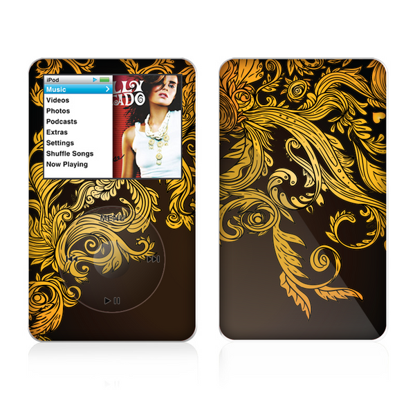 The Gold Floral Vector Pattern on Black Skin For The Apple iPod Classic