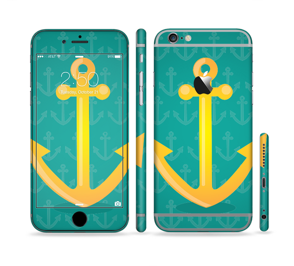 The Gold Stretched Anchor with Green Background Sectioned Skin Series for the Apple iPhone 6 Plus