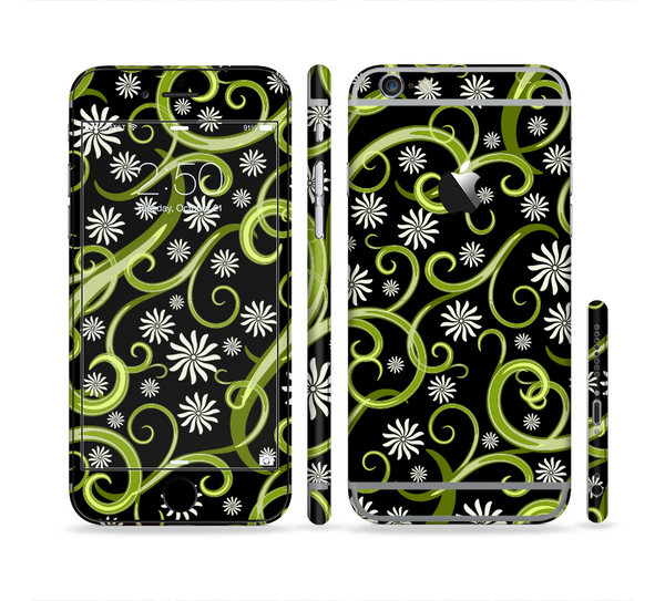 The Green Floral Swirls on Black Sectioned Skin Series for the Apple iPhone 6 Plus