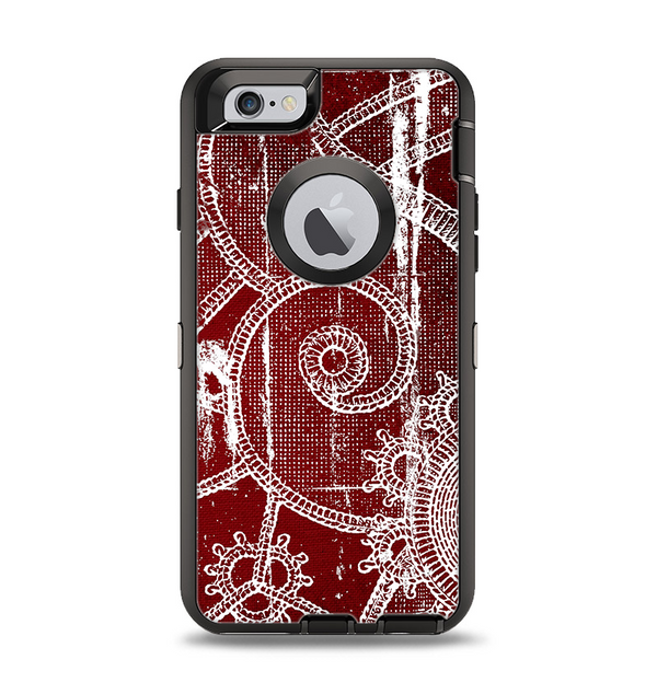 The Grungy Red & White Stitched Pattern Apple iPhone 6 Otterbox Defender Case Skin Set