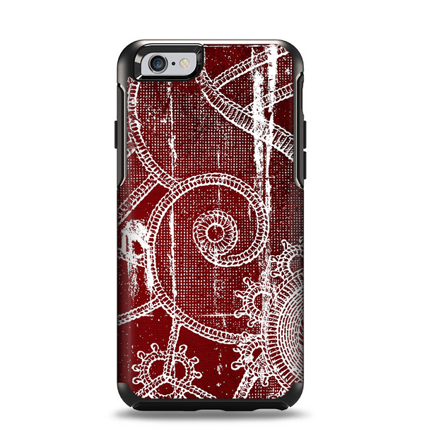 The Grungy Red & White Stitched Pattern Apple iPhone 6 Otterbox Symmetry Case Skin Set