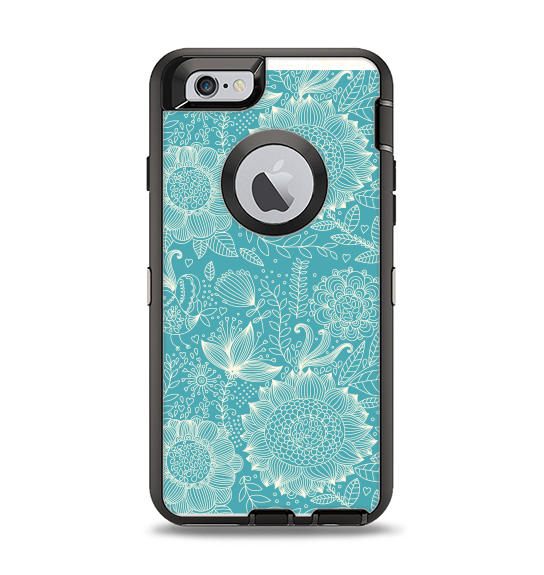 The Intricate Teal Floral Pattern Apple iPhone 6 Otterbox Defender Case Skin Set