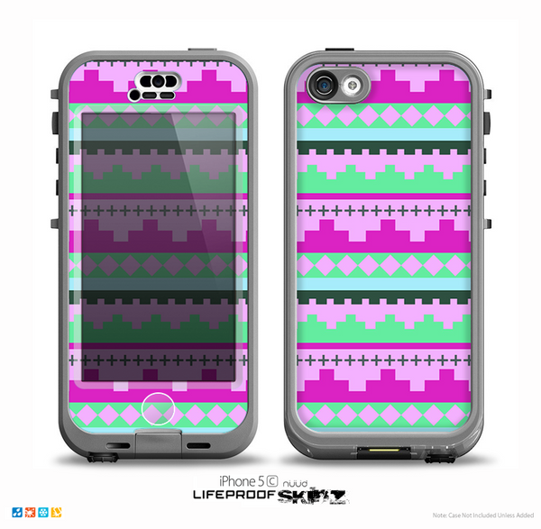 The Lime Green & Purple Tribal Ethic Geometric Pattern Skin for the iPhone 5c nüüd LifeProof Case