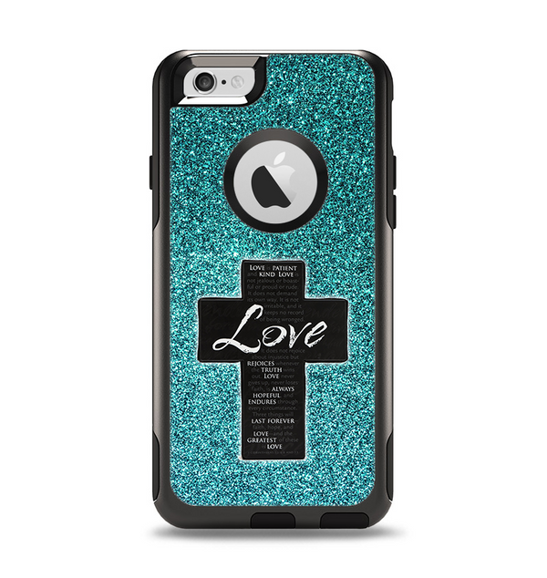 The Love is Patient Cross on Teal Glitter print Apple iPhone 6 Otterbox Commuter Case Skin Set