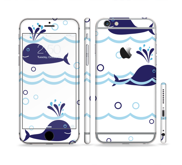 The Navy Blue Smiley Whales Sectioned Skin Series for the Apple iPhone 6