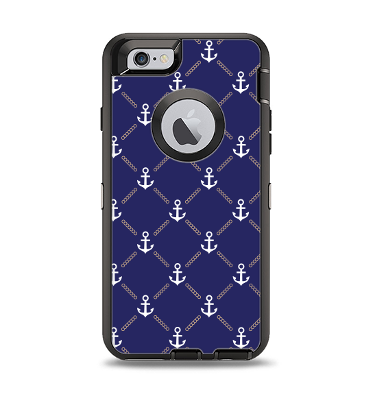 The Navy Blue & White Seamless Anchor Pattern Apple iPhone 6 Otterbox Defender Case Skin Set