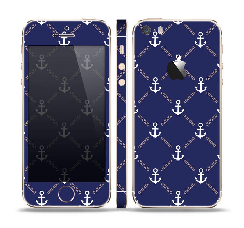 The Navy Blue & White Seamless Anchor Pattern Skin Set for the Apple iPhone 5s
