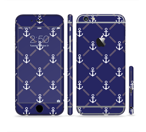 The Navy Blue & White Seamless Anchor Pattern Sectioned Skin Series for the Apple iPhone 6 Plus