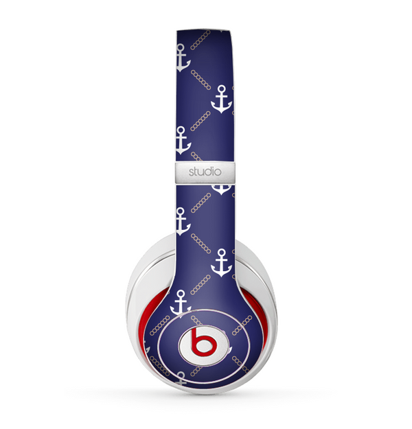 The Navy Blue & White Seamless Anchor Pattern Skin for the Beats by Dre Studio (2013+ Version) Headphones