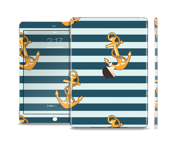 The Navy Striped with Gold Anchors Skin Set for the Apple iPad Pro
