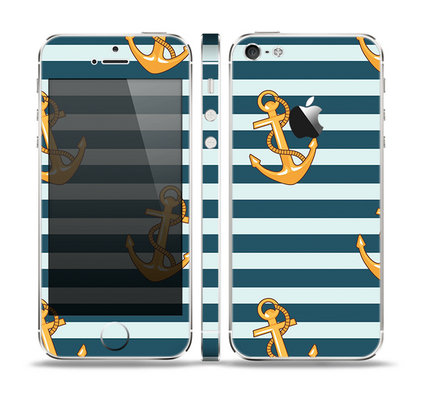 The Navy Striped with Gold Anchors Skin Set for the Apple iPhone 5