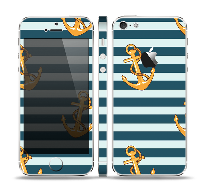 The Navy Striped with Gold Anchors Skin Set for the Apple iPhone 5
