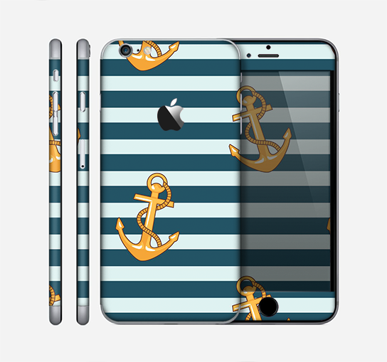 The Navy Striped with Gold Anchors Skin for the Apple iPhone 6 Plus