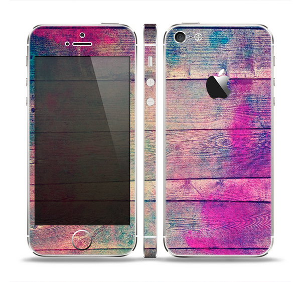 The Pink & Blue Grunge Wood Planks Skin Set for the Apple iPhone 5