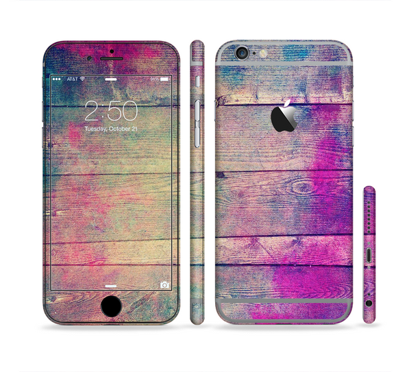 The Pink & Blue Grunge Wood Planks Sectioned Skin Series for the Apple iPhone 6