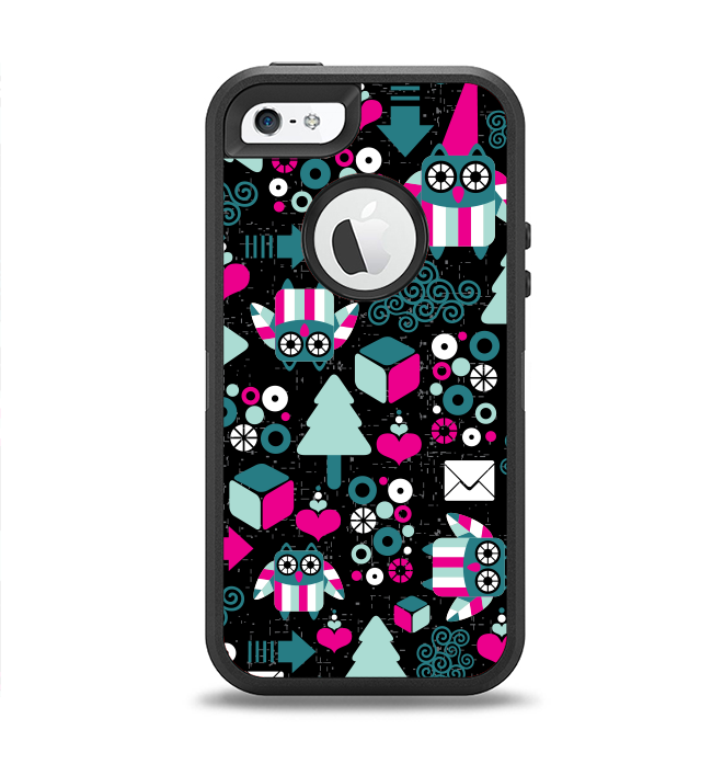 The Pink & Teal Owl Collaged Vector Shapes Apple iPhone 5-5s Otterbox Defender Case Skin Set