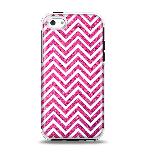The Pink & White Sharp Glitter Print Chevron Apple iPhone 5c Otterbox Symmetry Case Skin Set