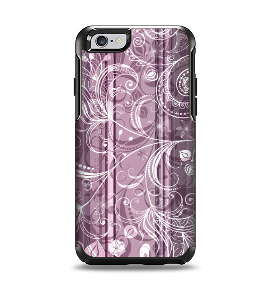 The Purple and Gray Stripes with Overlapping Floral Apple iPhone 6 Otterbox Symmetry Case Skin Set