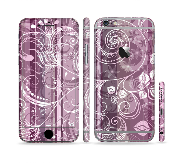 The Purple and Gray Stripes with Overlapping Floral Sectioned Skin Series for the Apple iPhone 6 Plus