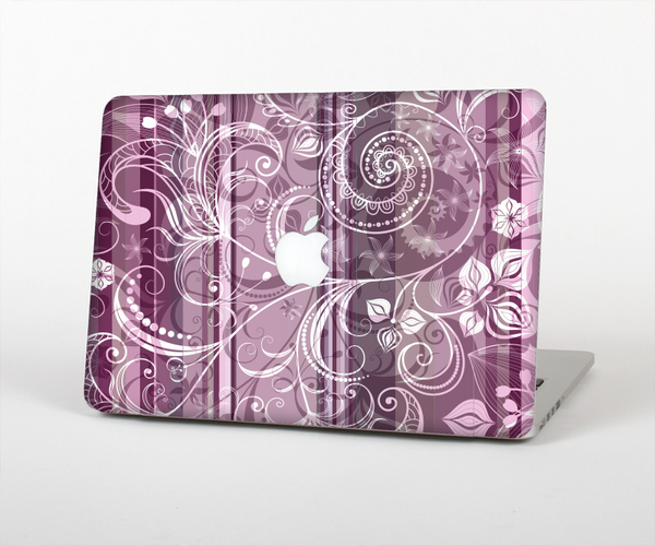 The Purple and Gray Stripes with Overlapping Floral Skin Set for the Apple MacBook Air 13"