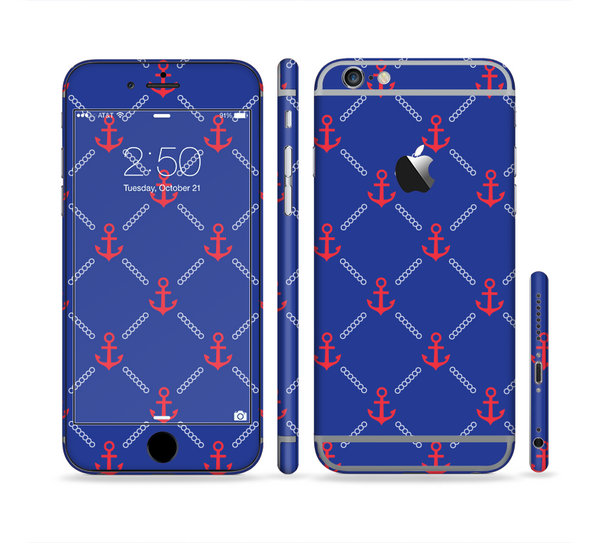 The Red & Blue Seamless Anchor Pattern Sectioned Skin Series for the Apple iPhone 6 Plus