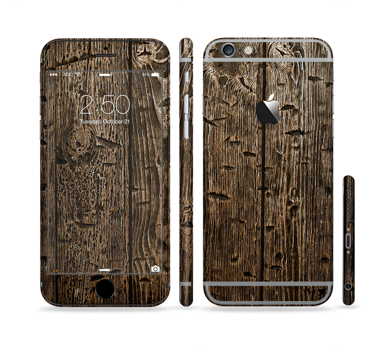 The Rough Textured Dark Wooden Planks Sectioned Skin Series for the Apple iPhone 6