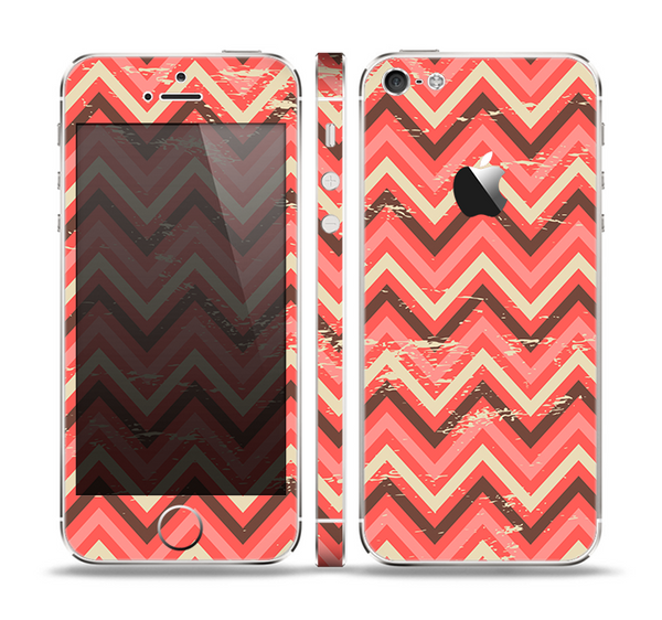 The Scratched Coral & Brown Layered Chevron V2 Skin Set for the Apple iPhone 5