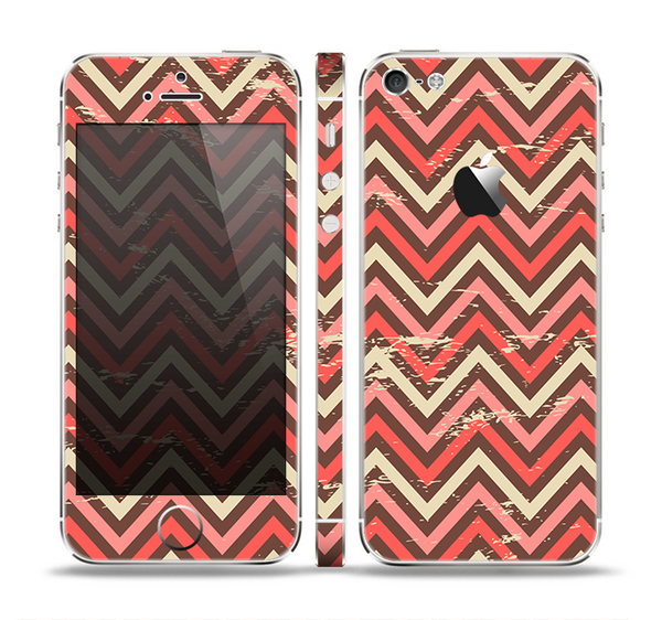 The Scratched Coral & Brown Layered Chevron V3 Skin Set for the Apple iPhone 5