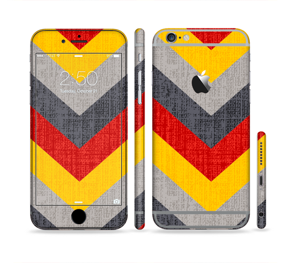 The Scratched Yellow & Red Accented Chevron Pattern V3 Sectioned Skin Series for the Apple iPhone 6