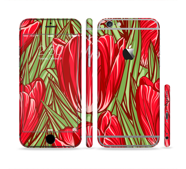The Sketched Pink & Green Tulips Sectioned Skin Series for the Apple iPhone 6 Plus