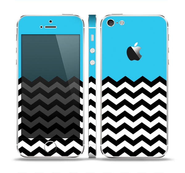 The Solid Blue with Black & White Chevron Pattern Skin Set for the Apple iPhone 5