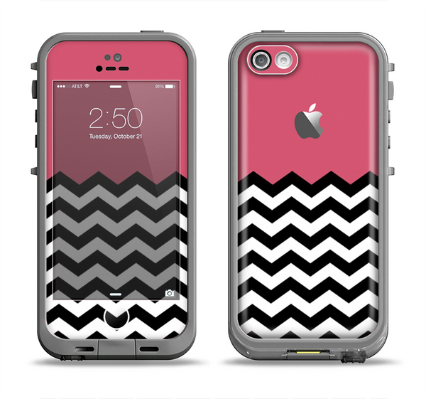 The Solid Pink with Black & White Chevron Pattern Apple iPhone 5c LifeProof Fre Case Skin Set