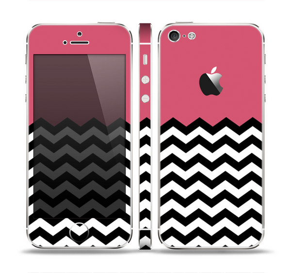 The Solid Pink with Black & White Chevron Pattern Skin Set for the Apple iPhone 5