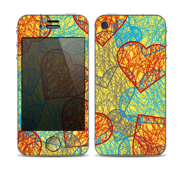 The Squiggly Red & Blue Hearts Over Yellow Skin for the Apple iPhone 4-4s