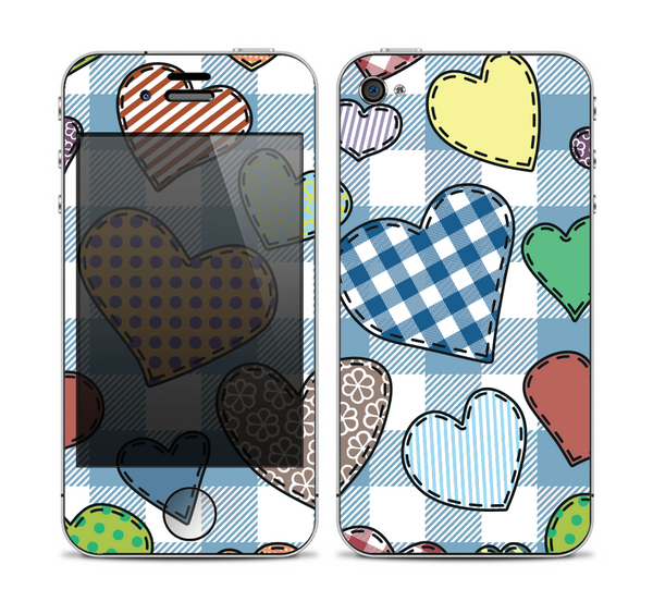The Stitched Plaid Vector Fabric Hearts Skin for the Apple iPhone 4-4s