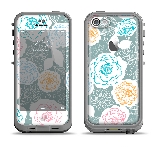 The Subtle Gray & White Floral Illustration Apple iPhone 5c LifeProof Fre Case Skin Set