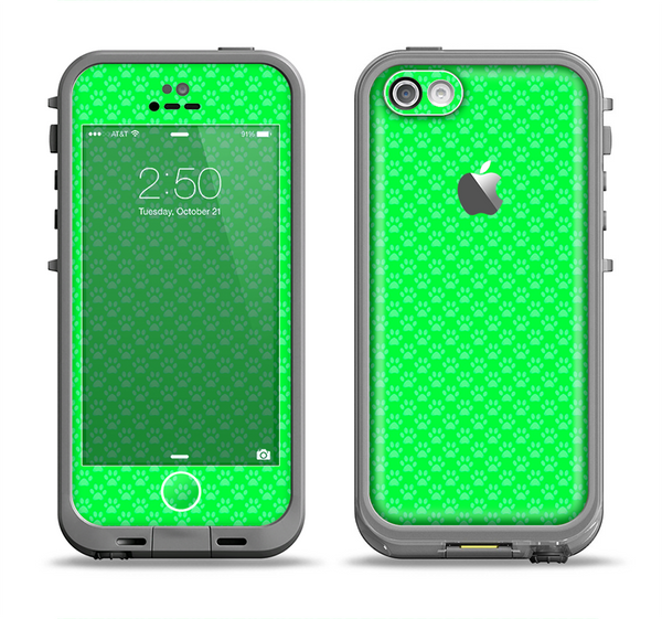 The Subtle Green Paw Prints Apple iPhone 5c LifeProof Fre Case Skin Set