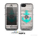 The Teal Green Monogram Anchor on Aged White Wood Planks Skin for the Apple iPhone 5c LifeProof Case
