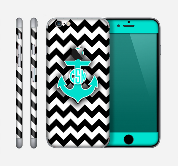 The Teal Green Monogram Anchor on Black & White Chevron Skin for the Apple iPhone 6