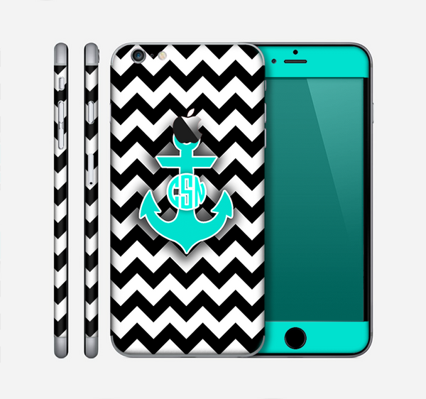 The Teal Green Monogram Anchor on Black & White Chevron Skin for the Apple iPhone 6 Plus