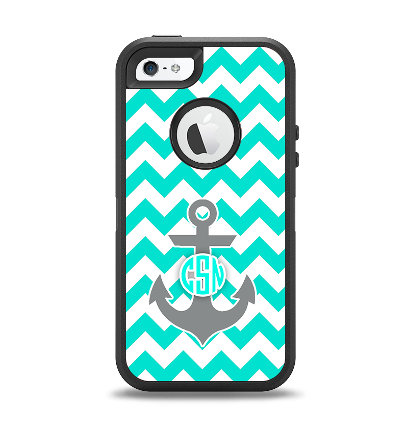 The Teal Green and Gray Monogram Anchor on Teal Chevron Apple iPhone 5-5s Otterbox Defender Case Skin Set